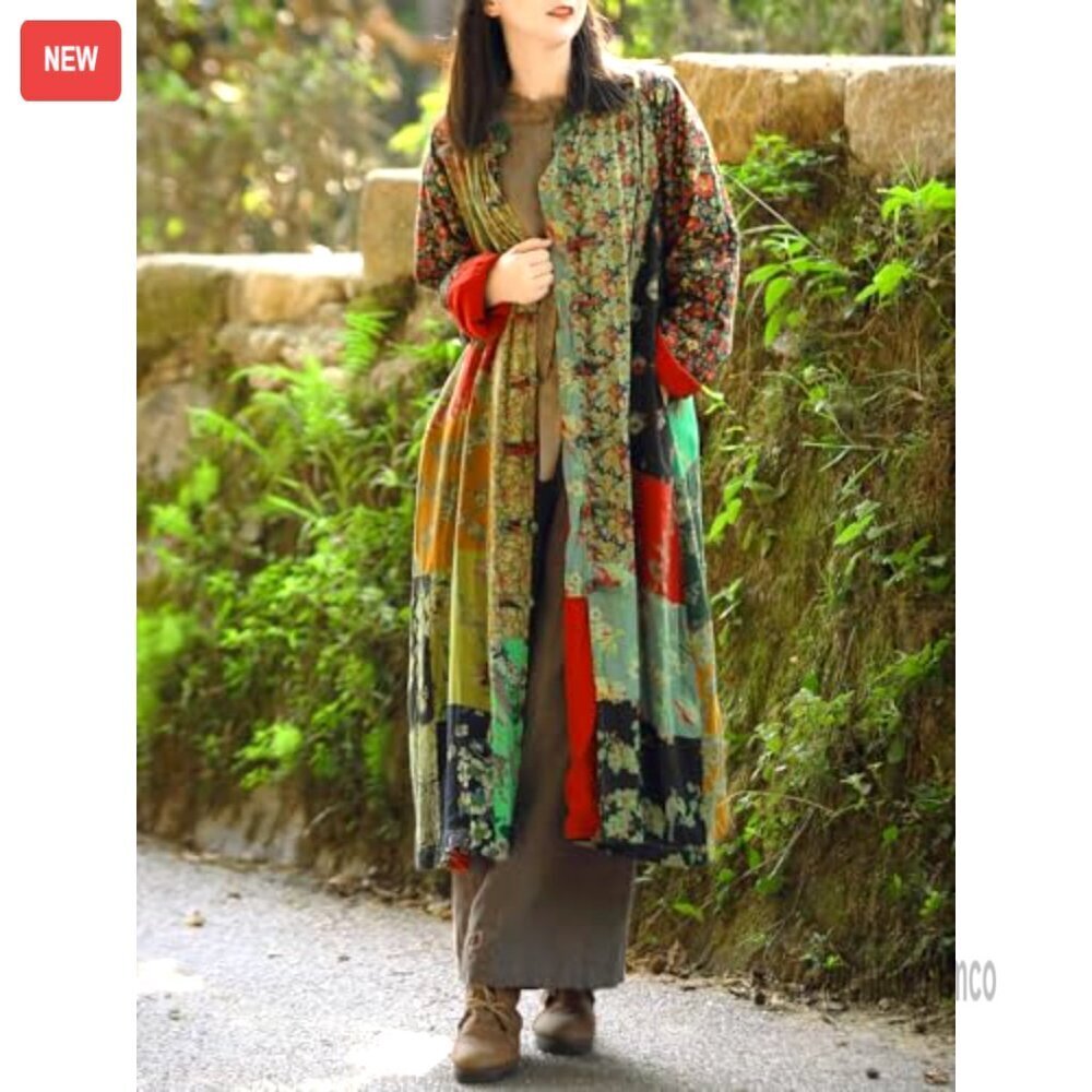 Women's Patchwork Trench Coat Cotton Linen Duster Boho Cottagecore - Picture 7 of 7